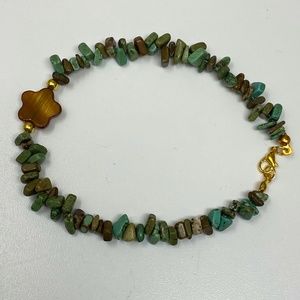 Handmade Anklet Green Brown Magnesite Stone Chip Beads with a Brown Shell Flower